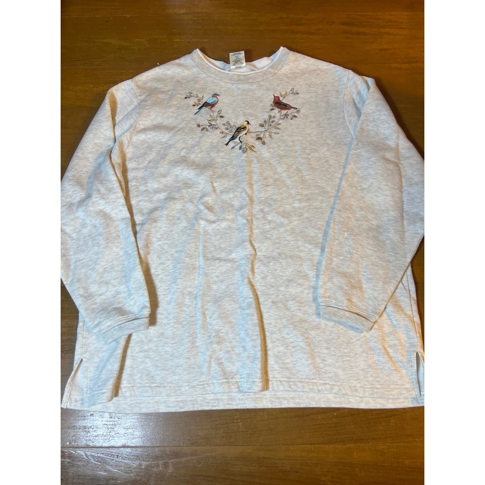 Blair Women XL Gray Embroidered Bird Fleece Cottagecore Pullover Sweatshirt‎